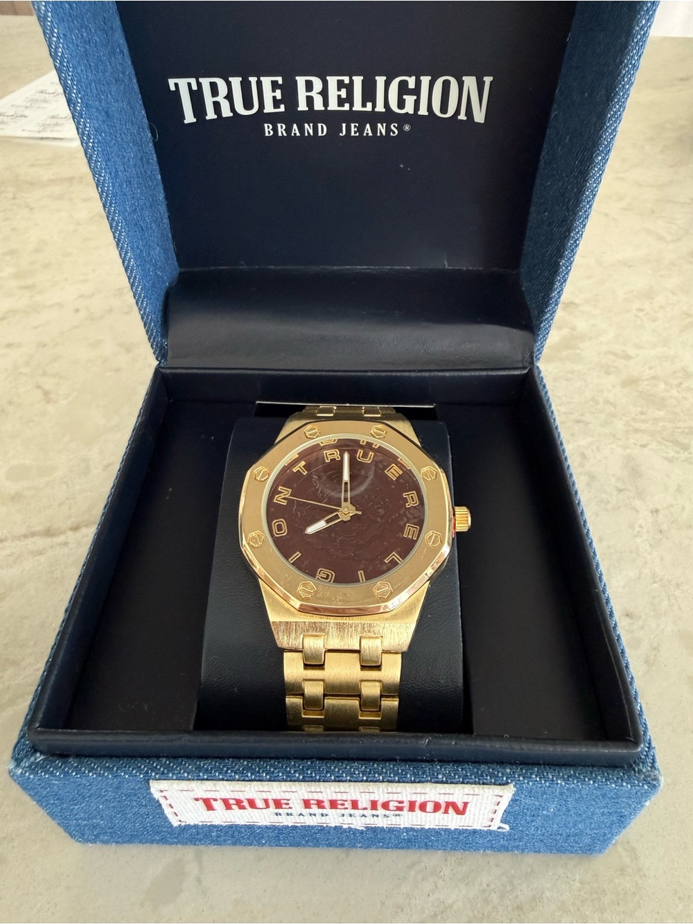 NEW True Religion Men's Gold Tone Watch Brown Dial Octagonal Bezel Denim Box